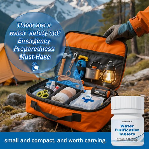 Water Purification Tablets (100 Count) - Emergency Water Treatment for Camping, Survival & Travel - Iodine-Free NaDCC Formula, No Chemical Aftertaste - Essential Addition to First Aid & Survival Kits
