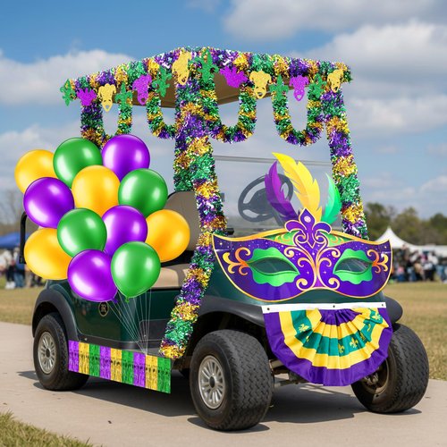 Lunmon 39-41 Pcs Mardi Gras Golf Cart Decoration Kit Purple Green Gold Car Wagon Parade Supplies Tragedy Comedy Mask Garland Decor for Holiday Party Decoration(Mardi Gras)