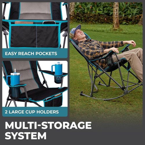 FUNDANGO Oversized Rocking Camping Chair - High Back Padded with Pillows & Cup Holders | Supports 440lbs (Black)