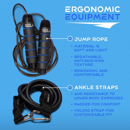 Xeela Full Body At Home Workout Equipment with 3-Month Digital Guide Included, Quality Portable Fitness Equipment with Jump Rope, Resistance Bands with Handles, Ankle Straps for All Fitness Levels