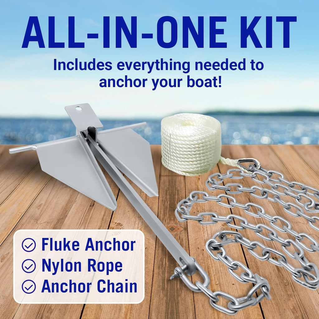 Better Boat Heavy Duty Fluke Boat Anchor Kit - Galvanized Steel with Rope & Chain | Multiple Sizes Available