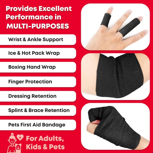 Ever Ready First Aid Self Adherent Cohesive Bandages 3" x 5 Yards - 12 Count, Black
