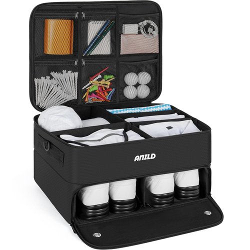 ANILD Golf Trunk Organizer, 2 Layer Golf Storage Case with Separate Ventilated Compartment for 2 Pair Shoes, for Balls, Tees, Clothes, Gloves, Accessories, Golfer Gifts