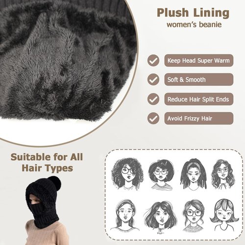 3 in 1 Womens Beanie Hat with Scarf Mask and Gloves Set, Knitted Hat Fleece Lined Snow Ski Scarf Caps Fall Winter Warm Glove (Black Set)