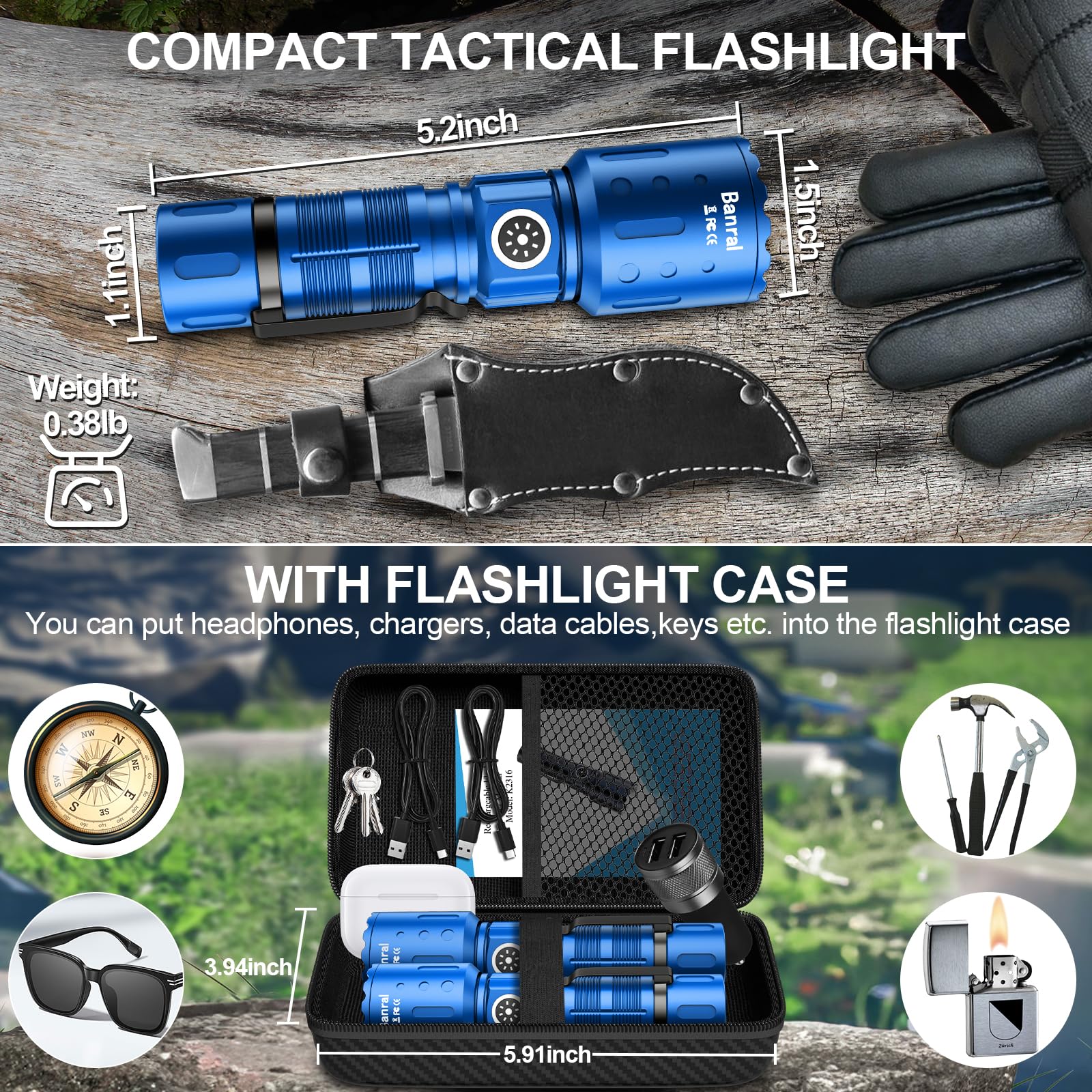 Banral Flashlights High Lumens Rechargeable, Super Bright Long Range Small Powerful Flashlight, 6 Modes LED Tactical Pocket Waterproof Flash Light for Home Emergency (2, Blue)