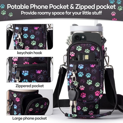 Linmaya Water Bottle Carrier Bag - Insulated Neoprene Holder with Phone Pocket | Adjustable Strap for Stanley Cup 40/30oz (Black Paw)