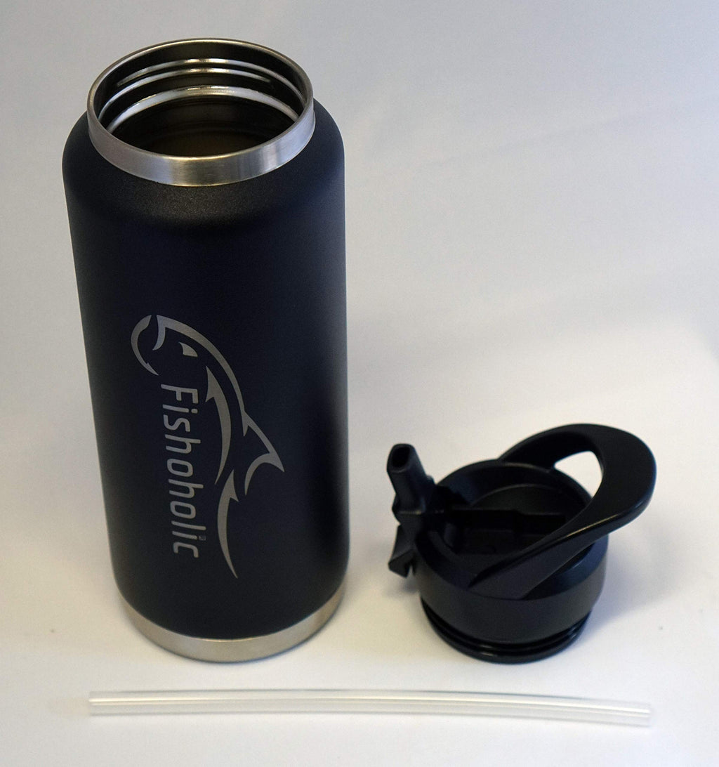 Fishoholic Fishing Mug Keg Bottle Tumbler - Double Wall Stainless Steel Vacuum Insulated - Fishing Gift for Men (Black, 36oz)