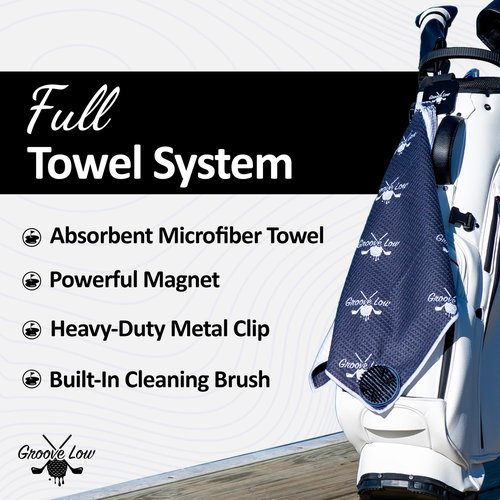 Groove Low Golf Towel with Magnet, Metal Clip and Brush - 40" L x 16.9" W, Extra Large Microfiber Magnetic Towel for Golf Bags, Brush to Keep Your Golfing Clean, Folds of Honor