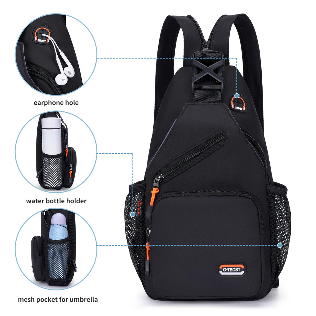 O-TBOST Travel Small Sling Bag Crossbody Bags for Women Men Casual Backpack Cross Body Pack Daypack for Hiking and Biking (black)