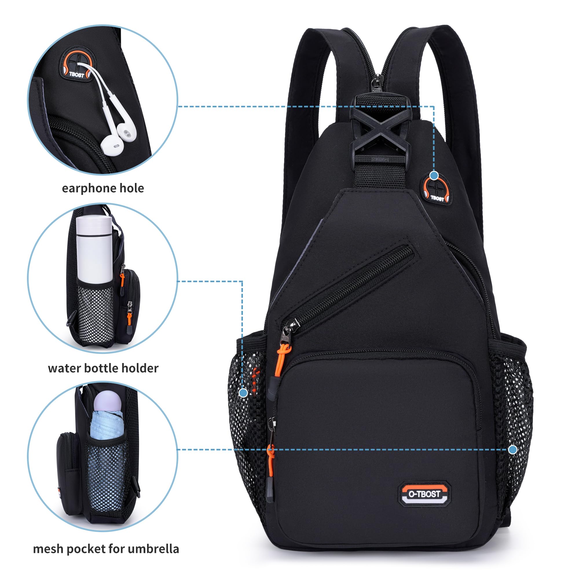 O-TBOST Travel Small Sling Bag Crossbody Bags for Women Men Casual Backpack Cross Body Pack Daypack for Hiking and Biking (black)