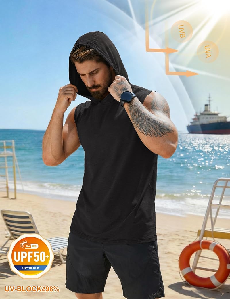Cotrasen Black Medium Sleeveless Hoodies for Men – Light Weight UPF 50+ Sun Protection Tank Top