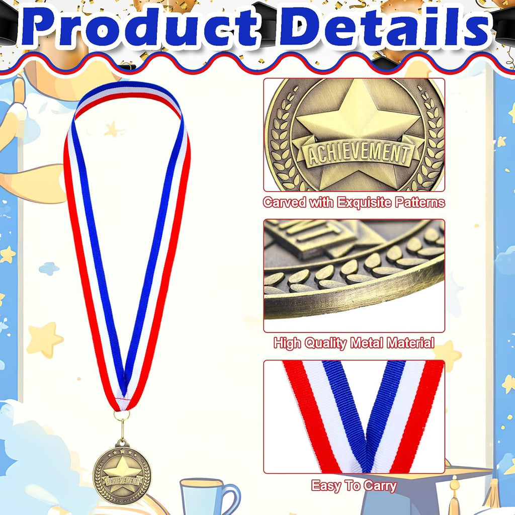 Quelay 20 Pcs Gold Award Medals - 2'' Metal Trophies with Neck Ribbons for Competitions & Events