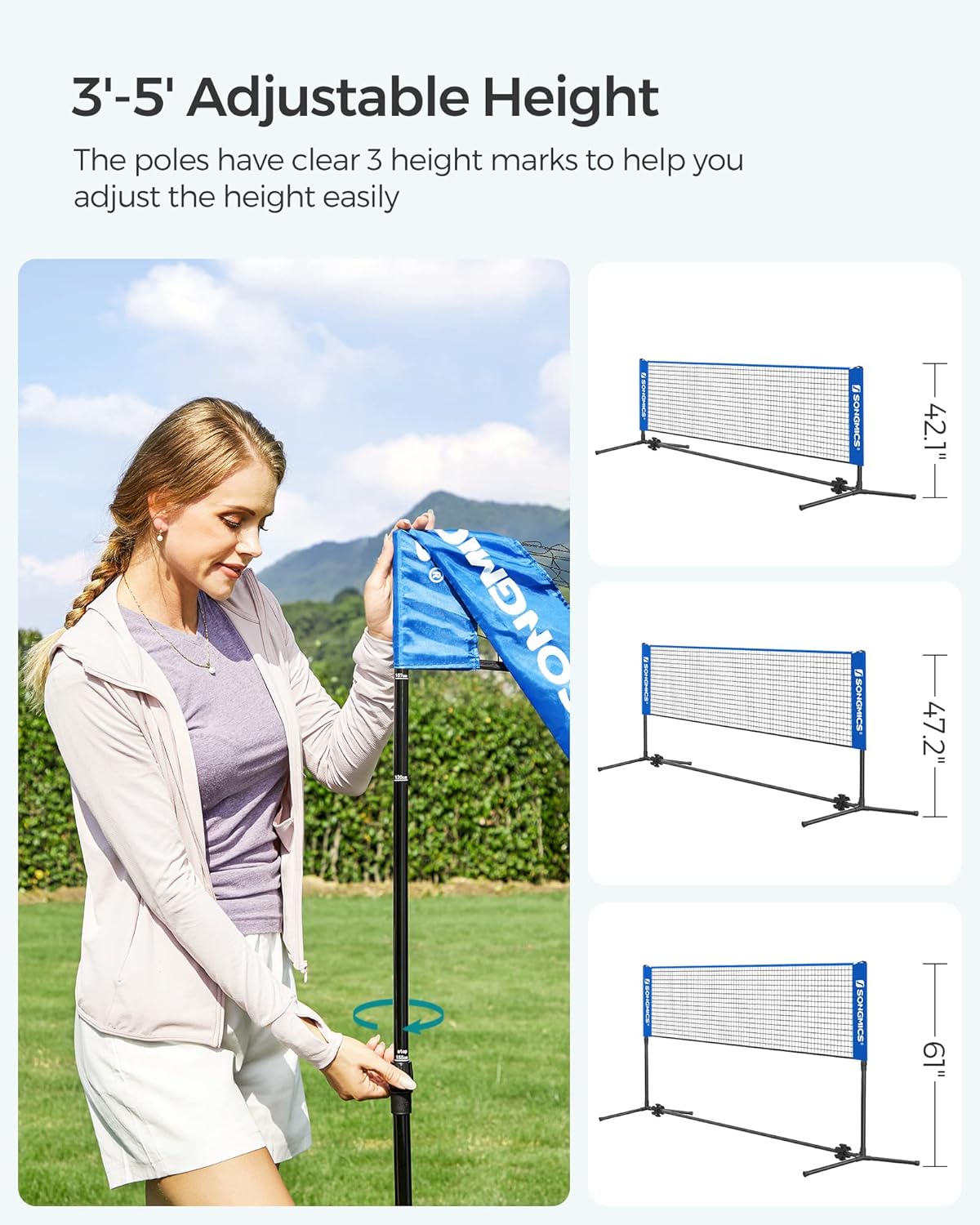 SONGMICS Adjustable Badminton & Volleyball Net - Foldable Nylon for Kids & Juniors | 10ft/13ft/16.5ft Wide