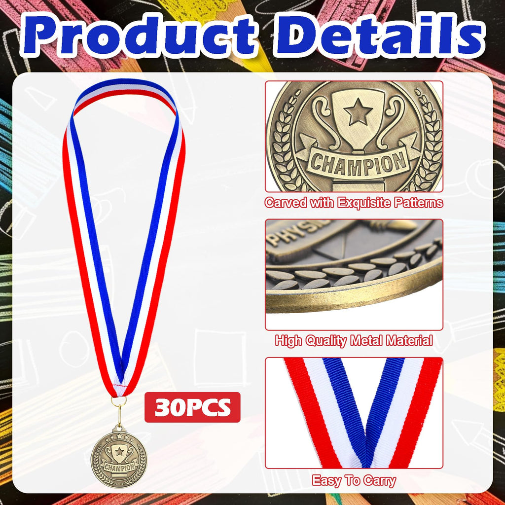 Remuuly 30 Pcs Gold Medals Bulk 2'' Basketball Soccer Baseball Volleyball Football Lacrosse Kickball Cheer Bowling Trophy Medals for Awards for Sports Participation Winner Gift(Gold,Champion)