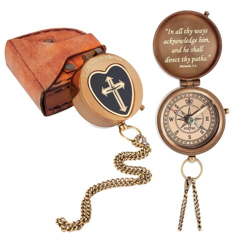 God is in My Heart’ Engraved Brass Compass with Leather Case – Religious Gift for Men, Boys | Christian Baptism, Communion, Confirmation, Graduation Gift 2024 | Inspirational Keepsake.