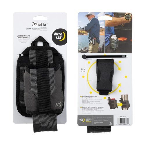 Nite Ize Traveler Drink Holster - Traveler & Water Bottle Holder for Hands-Free Use - Drink Pouch Holster for Waistbands & Belts - Adjustable Beverage Holder with Rotating Clip - Black