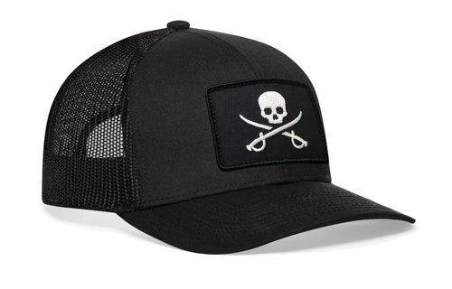 HAKA Jolly Roger Flag Black Trucker Hat – Jolly Roger Mesh Snapback Cap for Men, Women & Golf, Pirate Flag Design Baseball Dad Hat