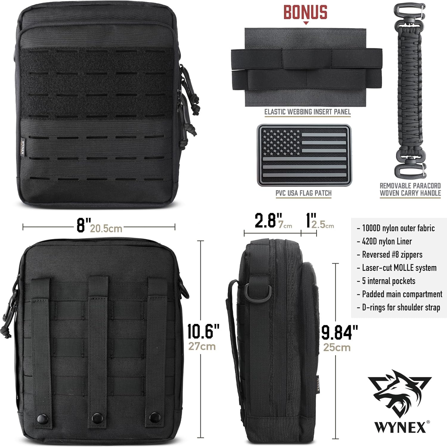WYNEX Tactical Molle Admin Pouch - Large Capacity EDC Organizer with Double Layer Design & Elastic Webbing Panel