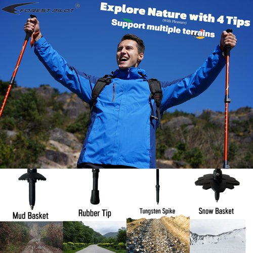 FOREST PILOT Trekking Poles - Lightweight 7075 Aluminum with Flip Lock & All Terrain Accessories - Pair of 2 Walking Sticks for Hiking with EVA Grip-Orange
