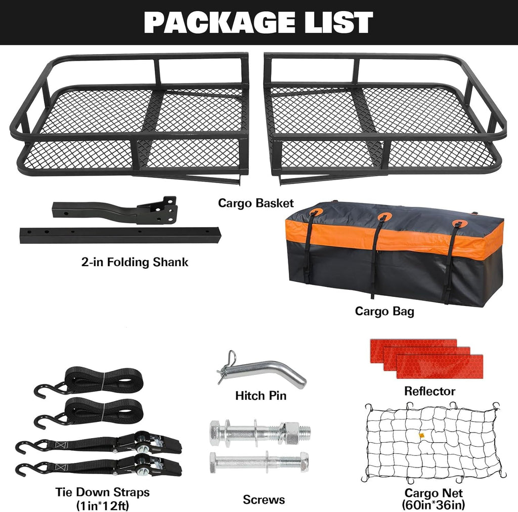 WEIZE Folding Hitch Mount Cargo Carrier - 60" x 20" x 6" with Waterproof Bag & 500 lbs Capacity