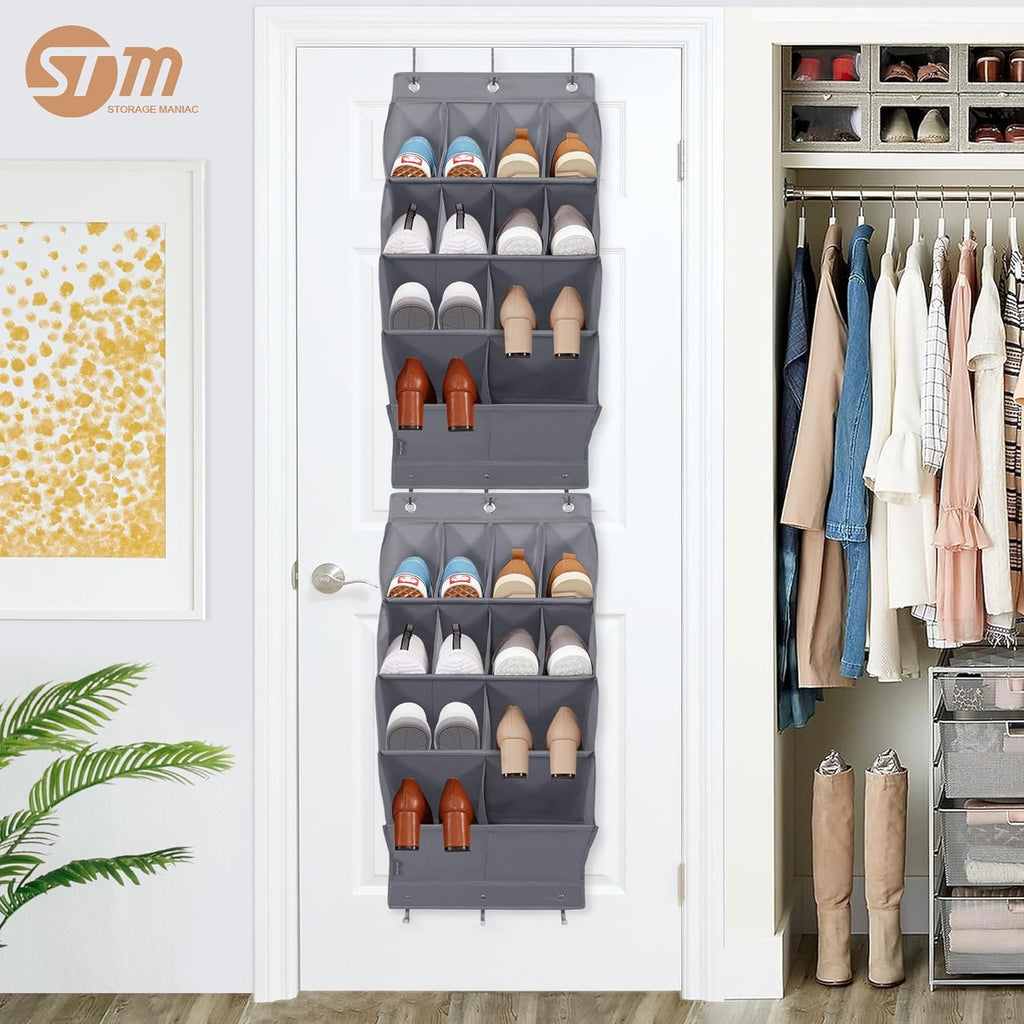 Storage Maniac Over Door Shoe Organizer - 2 Pack with 12 Large Pockets for Efficient Closet Storage | Grey