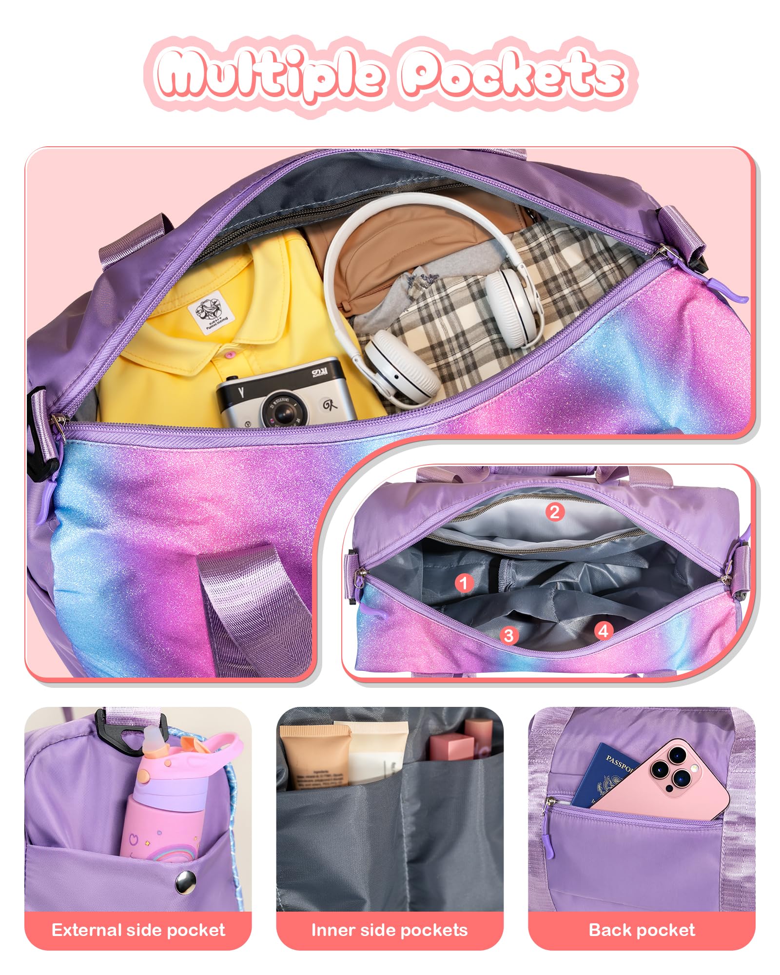 Vogewood Gifts for Grandkids-Tween Girls Gifts Trendy Stuff-Girl Gym Bag with Shoe Compartment, Kid Personalized Weekender Overnight Bags with Makeup Pouch, Preppy Things for Kids (Letter E)