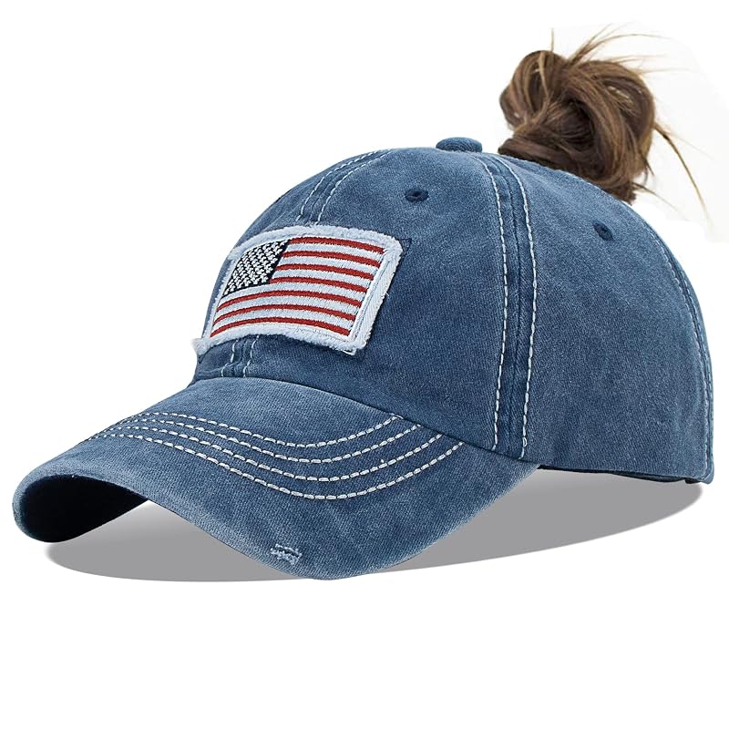 Distressed Ponytail Hat for Women – American Flag High Bun, One Size Navy