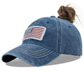 Distressed Ponytail Hat for Women – American Flag High Bun, One Size Navy