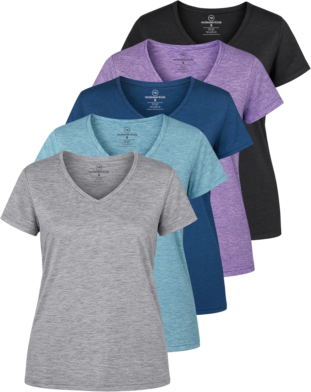 Real Essentials Women's Dry-Fit Short Sleeve V-Neck T-Shirt - 5 Pack Workout & Yoga Tops (Plus Size Available)