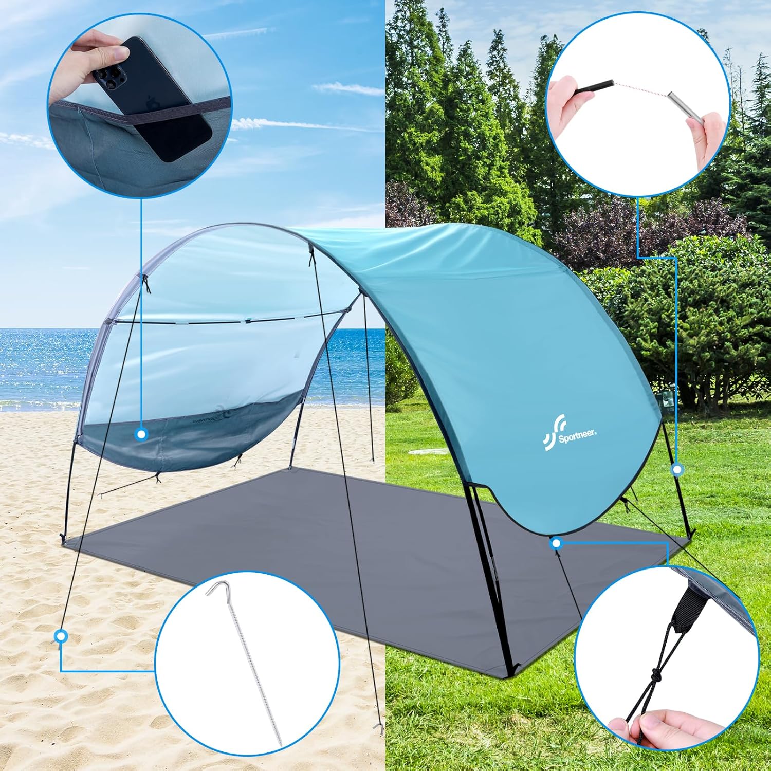 Sportneer Beach Tent | UPF 50+ UV Protection Canopy for 2-3 People | Easy Setup with Wind Ropes & Stakes | 96.5''x55.7''