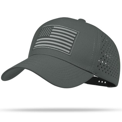 UALON American Flag Trucker Hat, Quick Dry Baseball Cap for Men & Women, Laser Cut Mesh Waterproof Snapback Hats Dark Gray