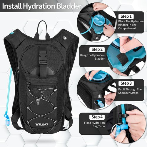 WELIDAY Hydration Backpack with 2L Leak Proof Water Bladder, Lightweight Hydro Water Daypack for Rave, Cycling, Running, Hiking, Climbing (Black, 2L Water Bladder)