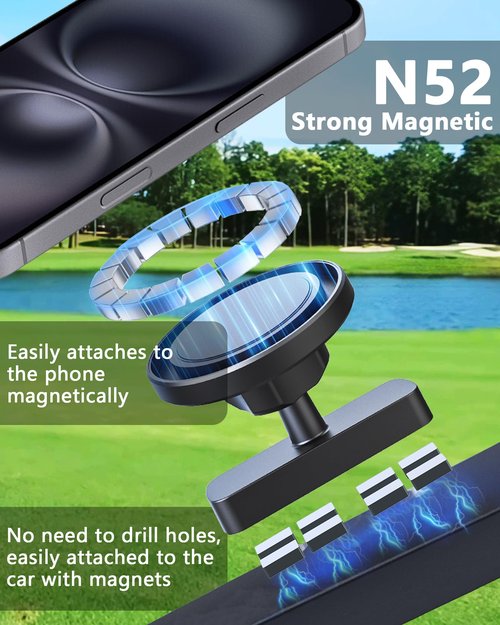 Gdncbm Magnetic Golf Cart Phone Holder：360 ° Rotatable Anti Shake Alloy Phone Mount Compatible with Mag-Safe iPhone 16-12 - Golf Cart Accessories Suitable for EZGO, Club Car, Yamaha, Icon