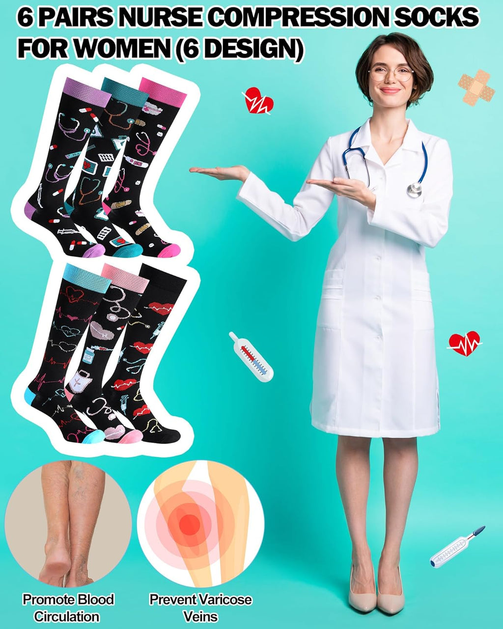 Skiennix Nurse Compression Socks - 15-20 mmHg Knee High Support for Circulation | 6 Pairs, Ideal Gift for Medical Staff