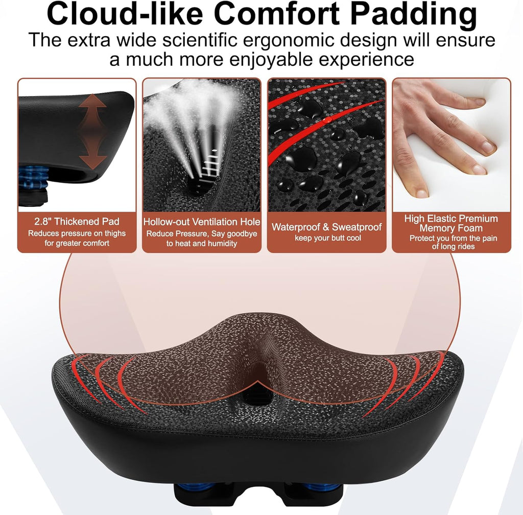 Skiennix Oversize Bike Seat - Extra Wide Noseless Cushion for Ultimate Comfort | Waterproof Memory Foam Fit for Peloton, Exercise & City Bikes