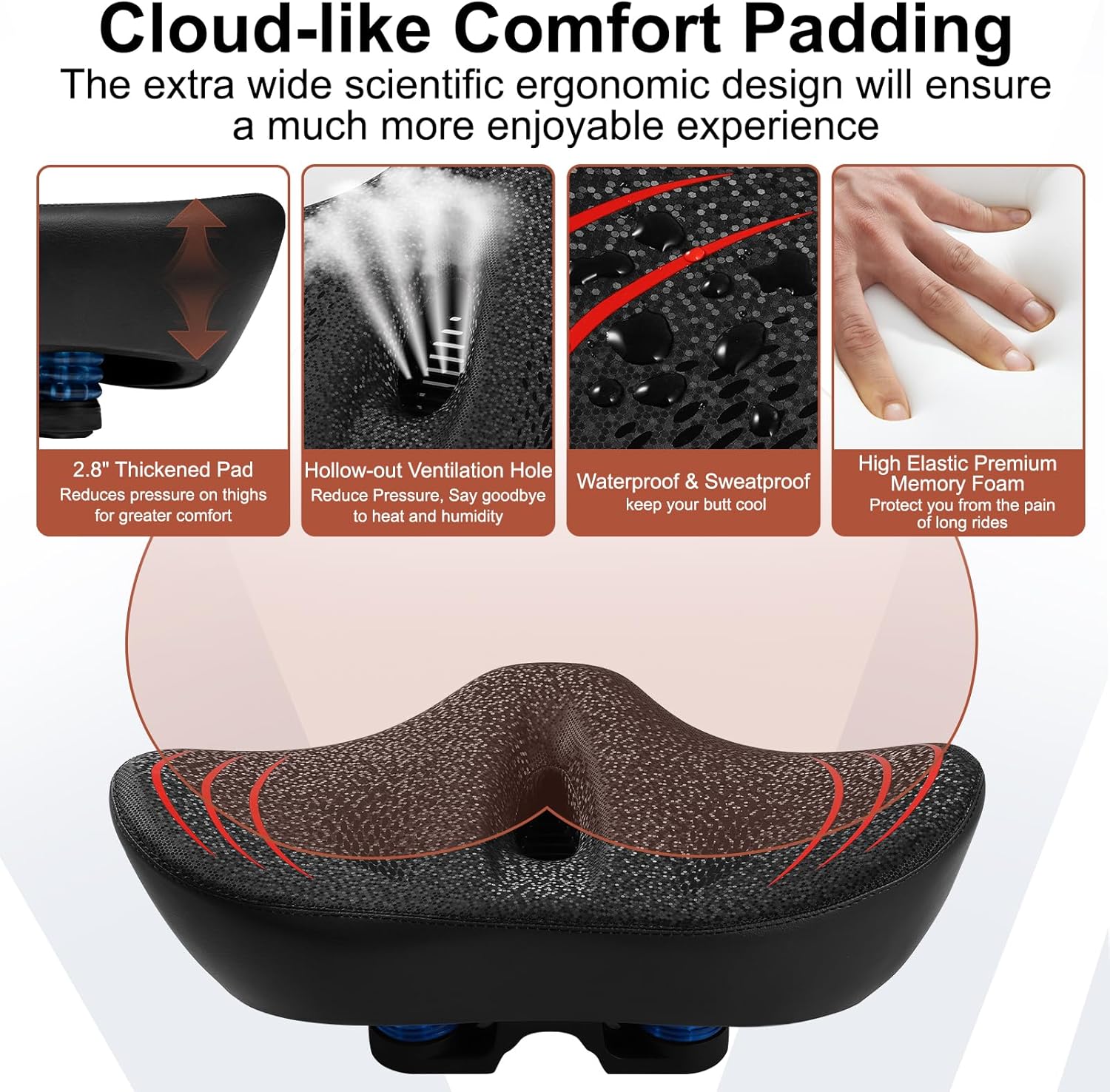 Skiennix Oversize Bike Seat - Extra Wide Noseless Cushion for Ultimate Comfort | Waterproof Memory Foam Fit for Peloton, Exercise & City Bikes