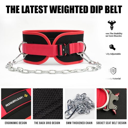 MANUEKLEAR Quick Locking Dip Belt, Weightlifting Belt, Weight Lifting Belts for Men Women Heavy Duty Dipping Powerlifting Belt with Chain 40 inchs (Passionate Red)