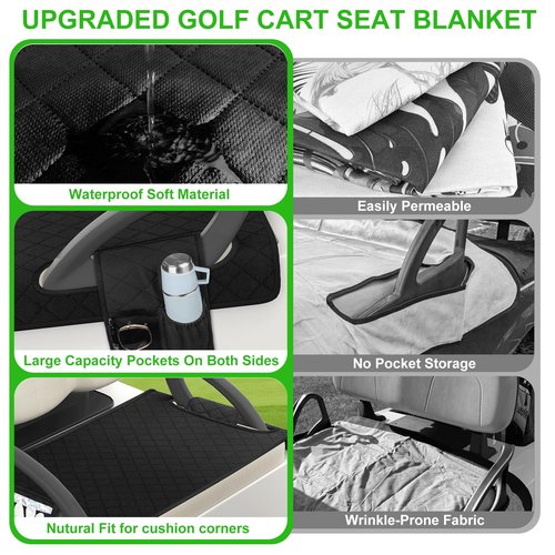 Gloserin Golf Cart Seat Covers,Universal Golf Cart Seat Towel Blanket with 4 Front Pockets,Waterproof & Anti-Slip Bottom Golf Cart Accessories Fits for EZGO, Yamaha, Club Car (Black)