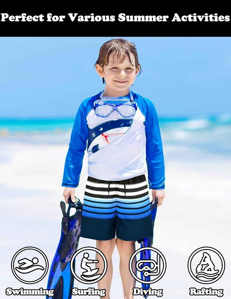 Boys Swim Trunks with Compression Liner - Black with Navy Blue White Stripes, 14-16 years