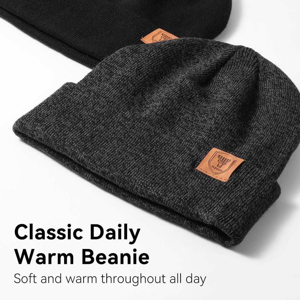 OZERO Winter Beanie for Men Women: 2-Pack Daily Knit Cuffed Hat, Skull Thermal Caps, Warm Soft for Cold Weather Black Gray