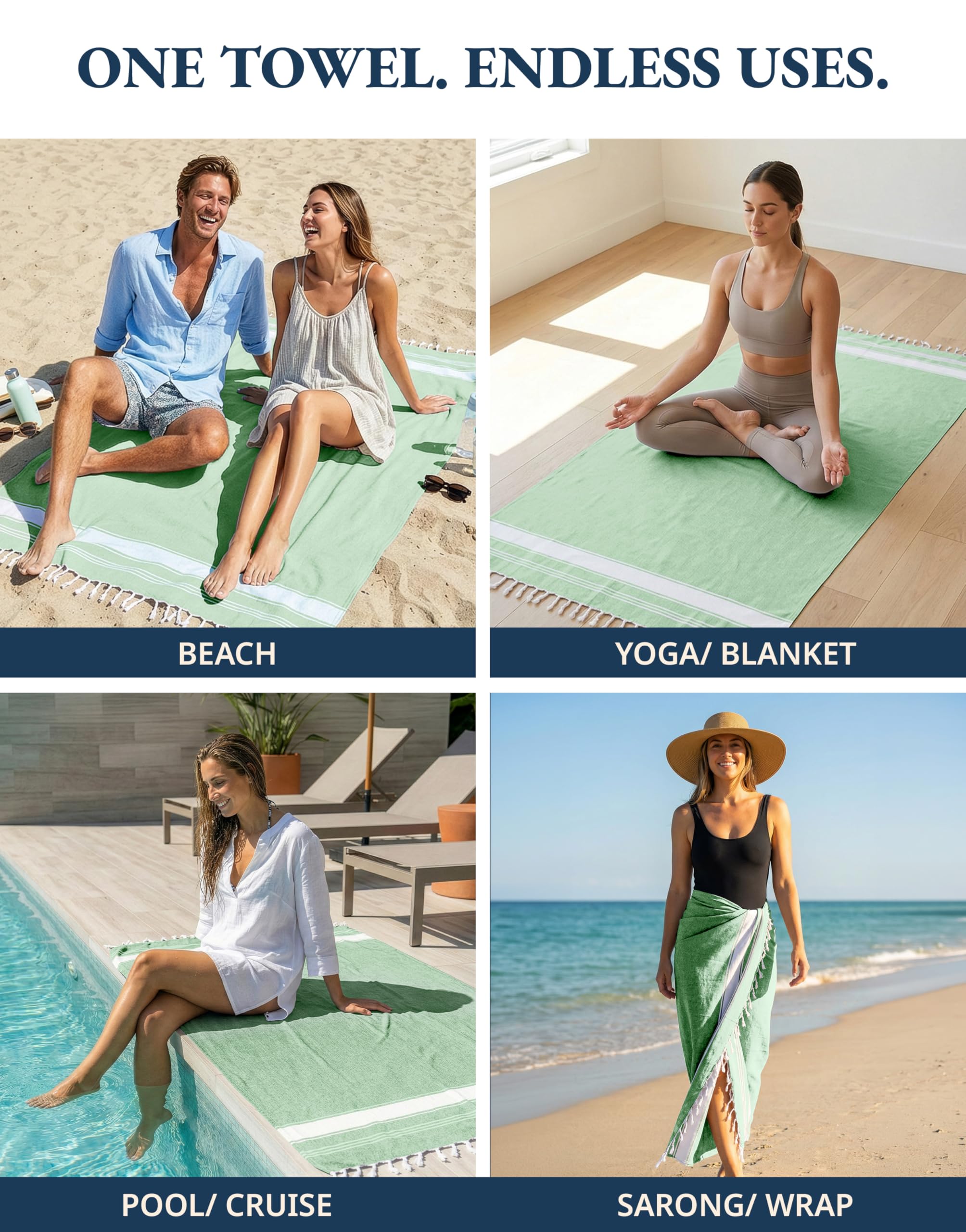 LANE LINEN Turkish Beach Towels, 2 Pack Extra Large Beach Towel, Pre-Washed for Soft Feel, Oversized Sand Free Quick-Dry Pool Towel, Beach Towels for Adults,39"x71" - Jade Green