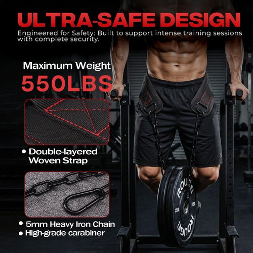 Weightlifting Dip Belt with Chain, Heavy Duty 550-650 lbs Capacity, for Dips and Pull-ups