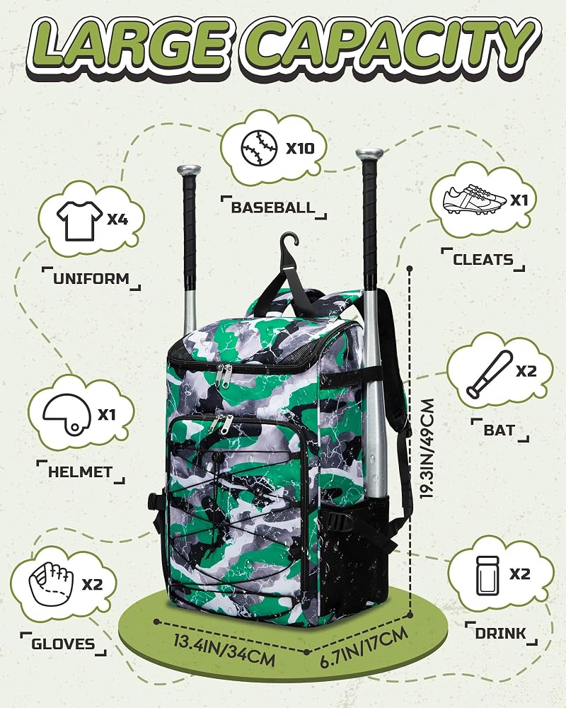 Baseball & Softball Gear Bag for Kids – Green, 19.3" H x 13.4" W x 6.7" D