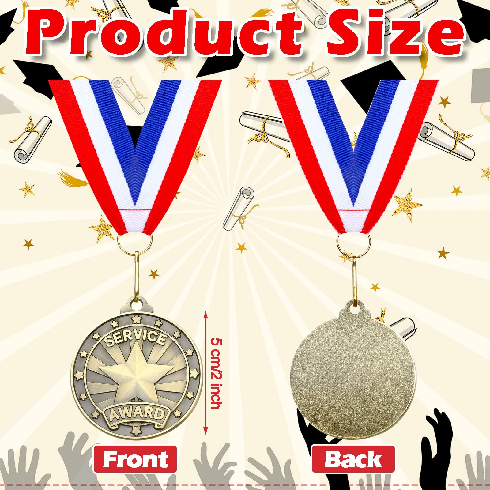 Quelay 30 Pcs 2'' Award Medals Bulk Gold Winner Medals with Neck Ribbons Metal Trophy Award Prize Gift for Tournaments, Competitions, Party, Kids and Adults (Service Award)
