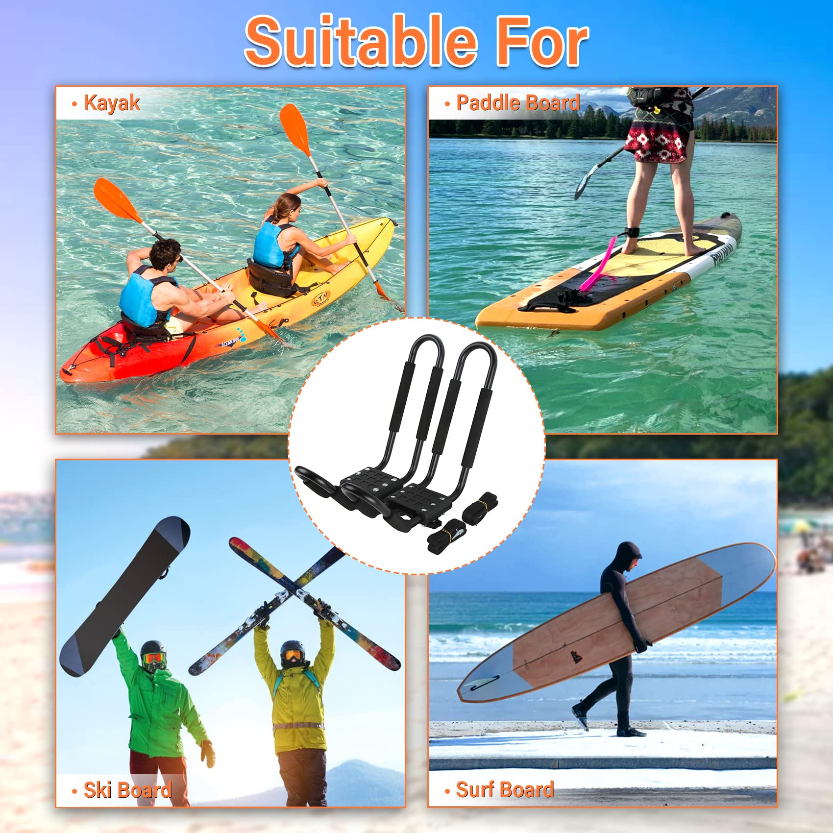 PIRIPARA Kayak Roof Rack 2 Pairs J-Bar Carrier Holder for Canoe, SUV, Cars, Truck, Surf Ski, Car Top Mount Racks for Trip, Set of 4