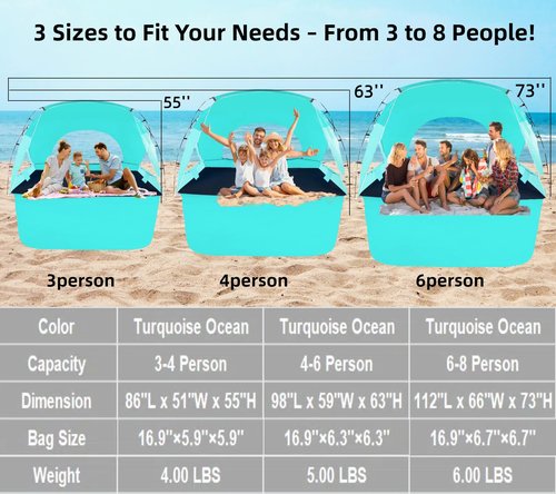 Beach Tent, Portable Sun Shelter for 2/3/4/6-8 Person with UPF 50+ UV Protection, Easy Setup Waterproof Beach Shade Canopy Cabana for Family Outdoor and Picnics, Fishing with Carrying Bag