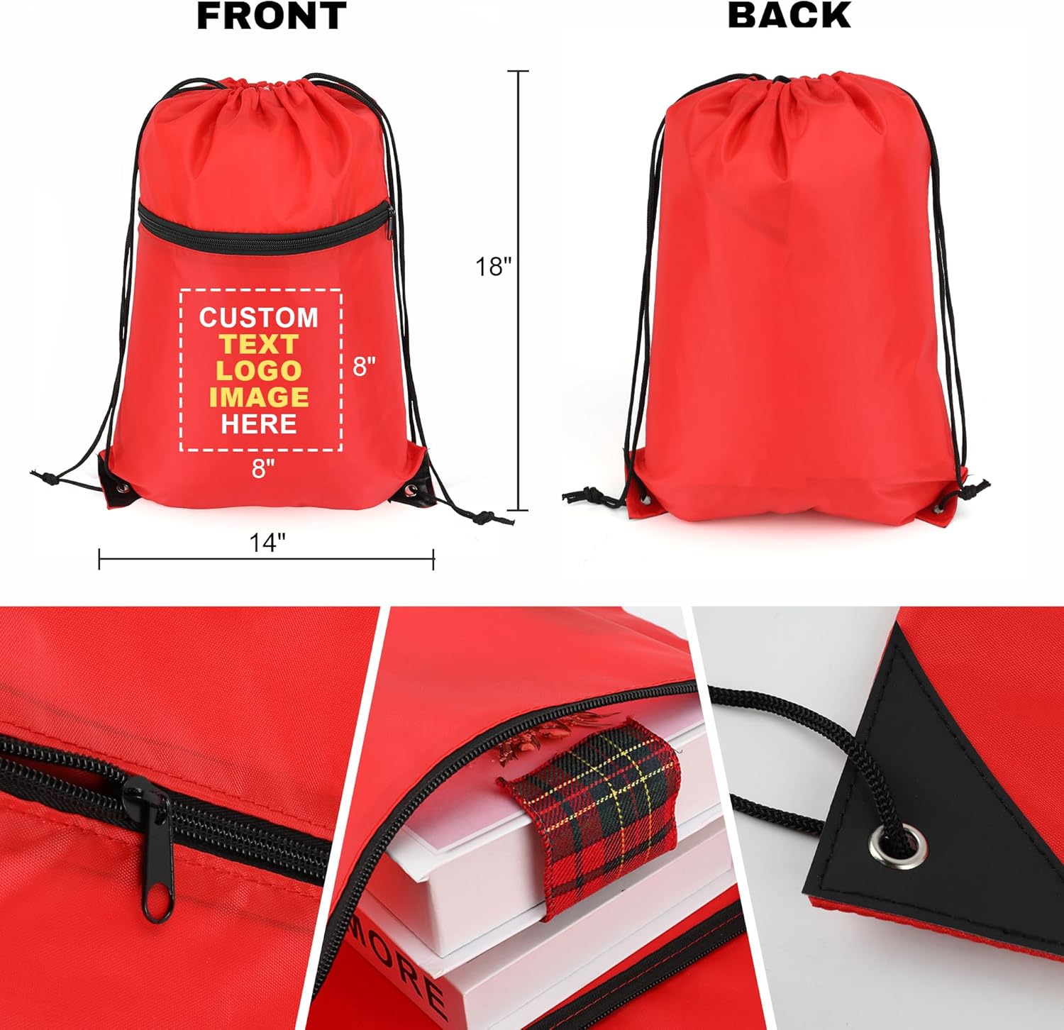 Skiennix Custom Drawstring Backpacks - Personalized Cinch Tote Bags with Zipper Pocket | 100/200 Pack