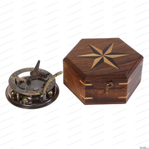 US HANDICRAFTS Vintage Brass Sundial Compass – Engraved Navigation Instrument with Wooden Case & Calendar – Baptism Gift for Son, Loved Ones, Camping & Hiking