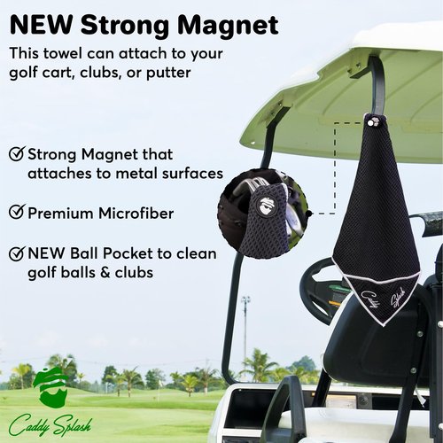 Caddy Splash Pocket Mag Towel – Magnetic Microfiber Golf Towel with Ball Pocket, Ultra-Absorbent & Durable, Strong Magnet & Carabiner for Easy Bag Attachment – The Ultimate Golf Towel-Black/White