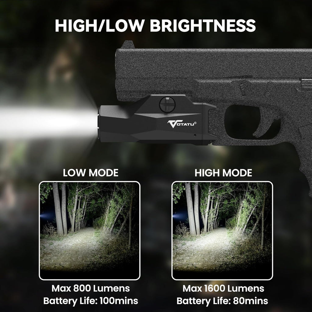VOTATU HT20 Tactical Pistol Light - 1600 Lumens Adjustable Rail Keys for Compact & Full Size Guns | Rechargeable LED Flashlight